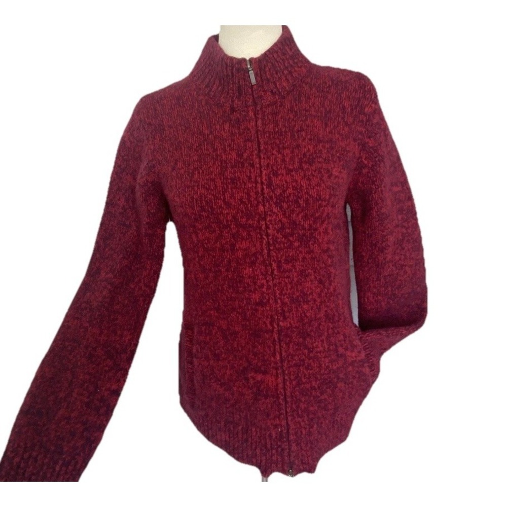 Vtg L.L.Bean Women Sweater Small Red Marled Full Zip Mock Neck Cardigan Pocket